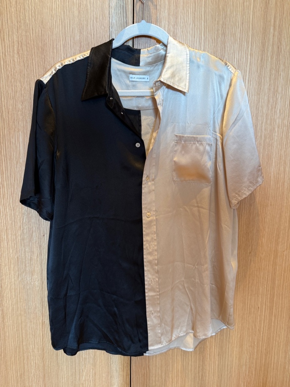Two-Tone Black and Cream Short-Sleeve Button-Up Blouse